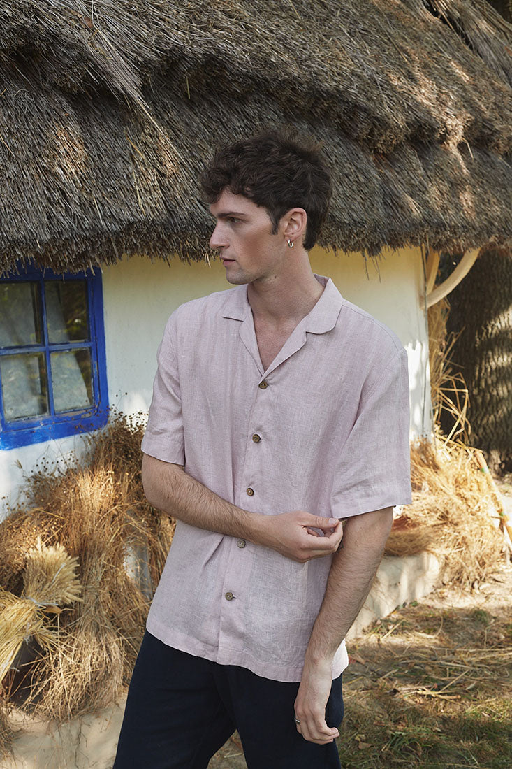 Camp collar pink linen shirt mens