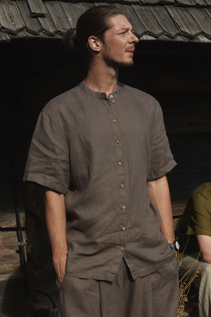 band collar linen shirt mens