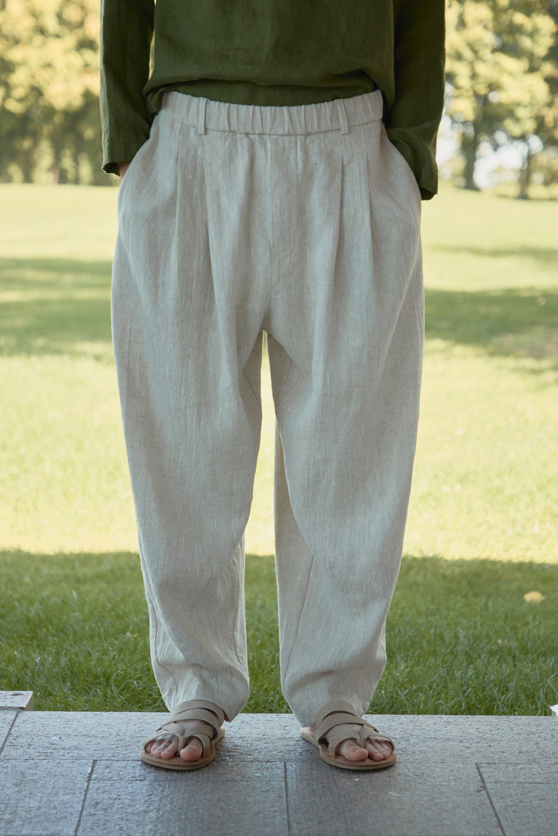 Men’s Linen Pants Pleated Hidden Drawstring Belt Loops