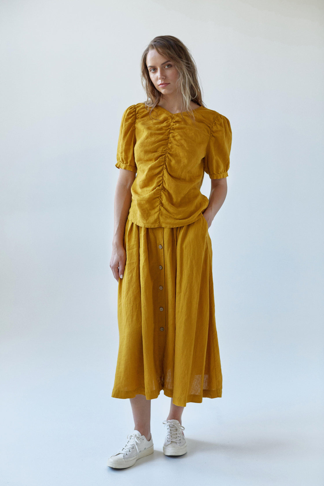 Buttoned Linen Skirt with Pockets