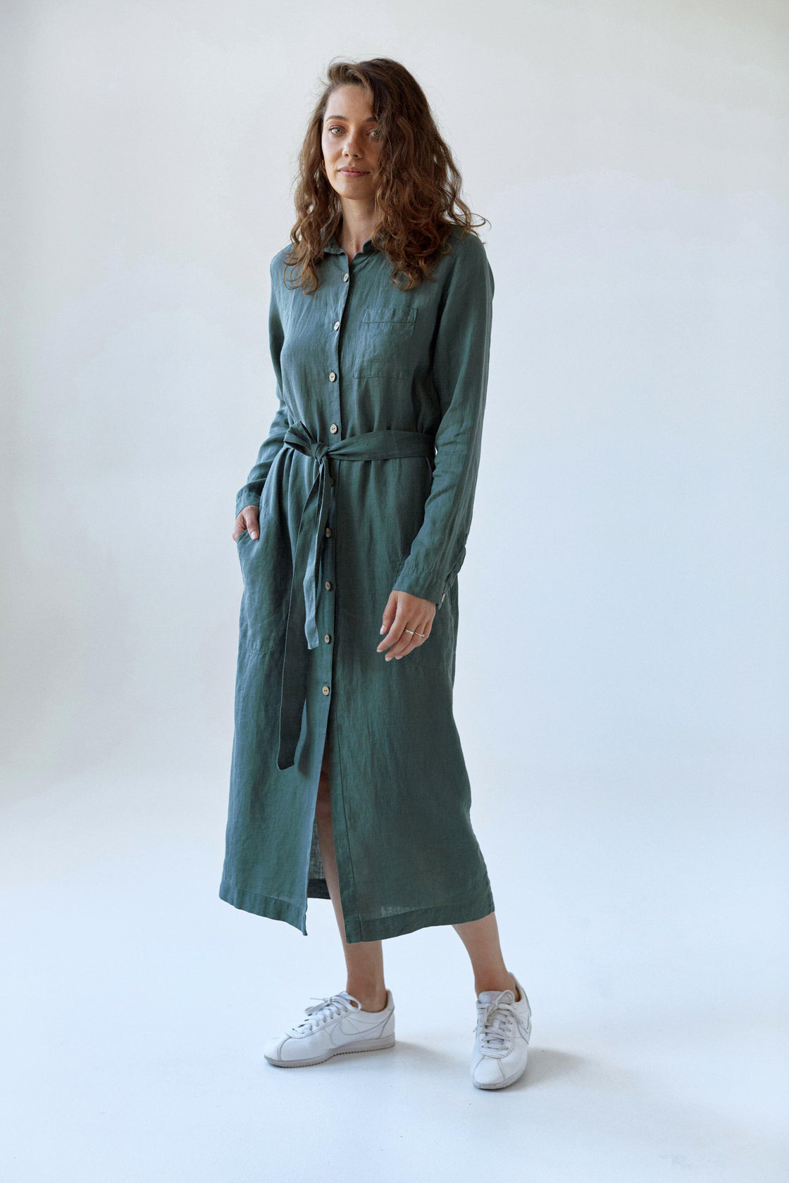 Green linen shirtdress