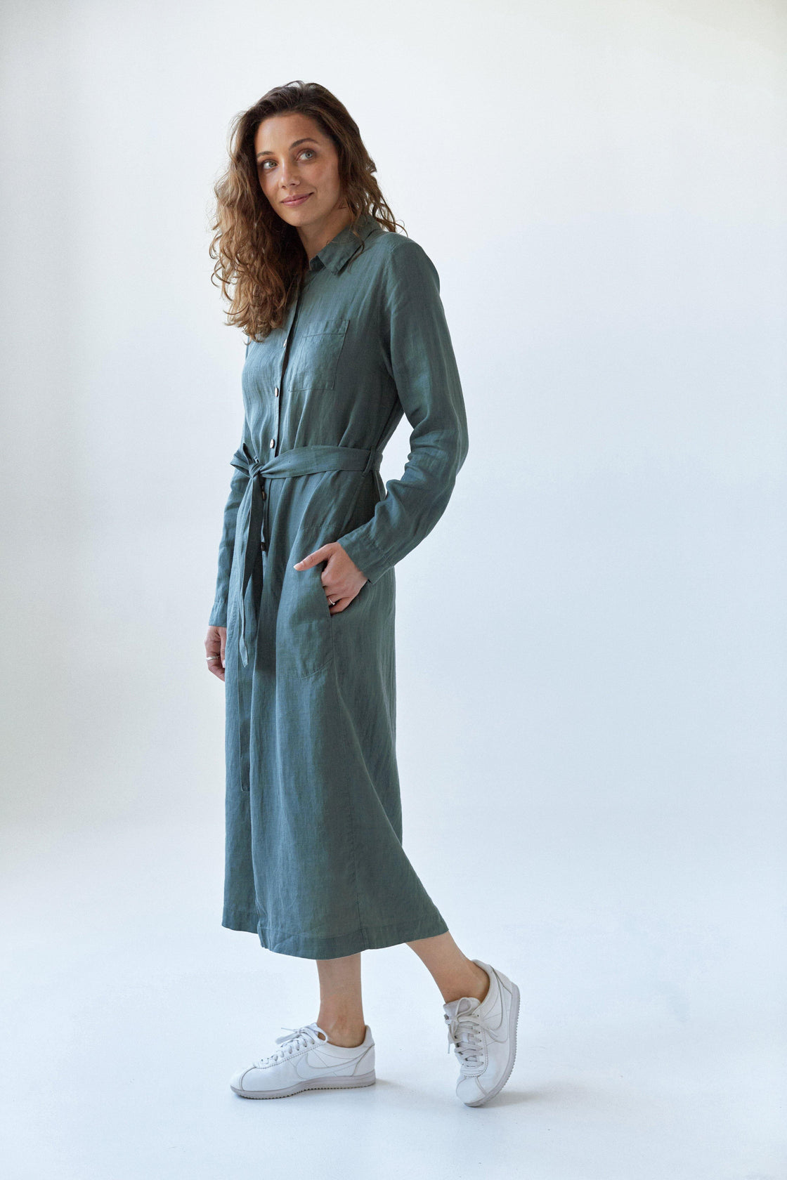 green shirt dress with pockets