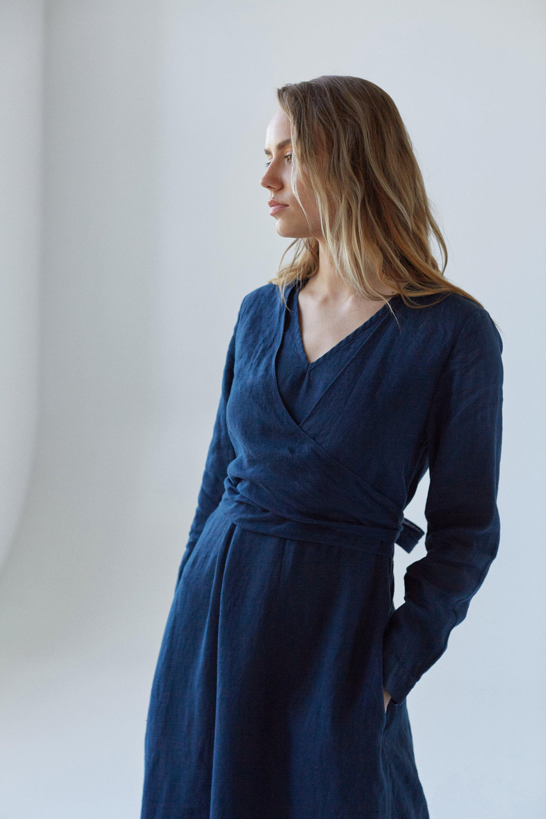 Long Sleeve Dark Blue Linen Dress