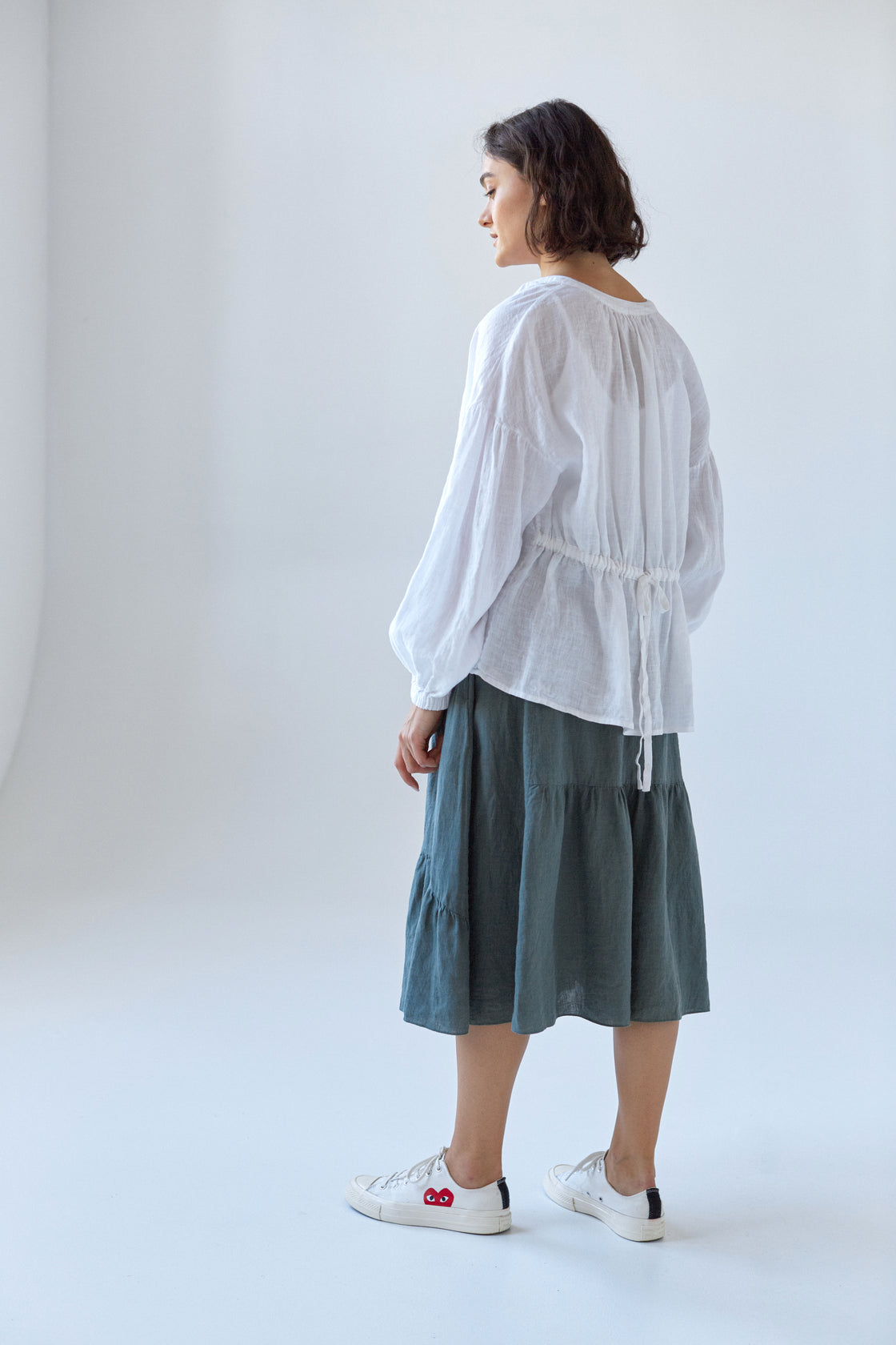 white organic linen blouse green skirt - Manufacture de Lin