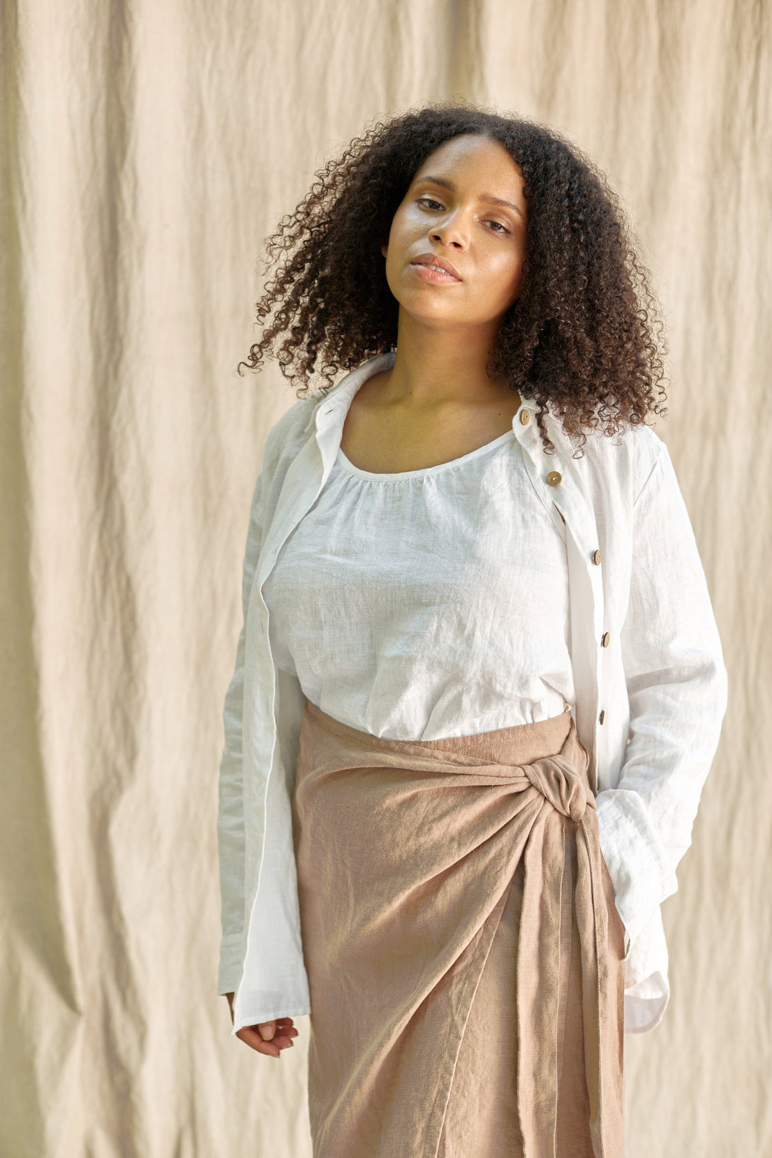 Organic linen wrap skirt midi
