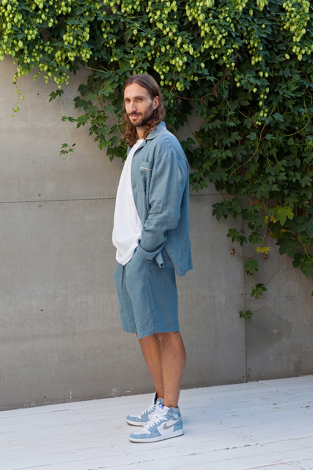 Blue linen pajama set shorts