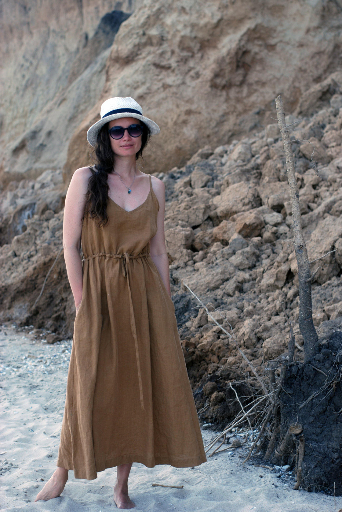 brown linen spaghetti strap dress - Manufacture de Lin