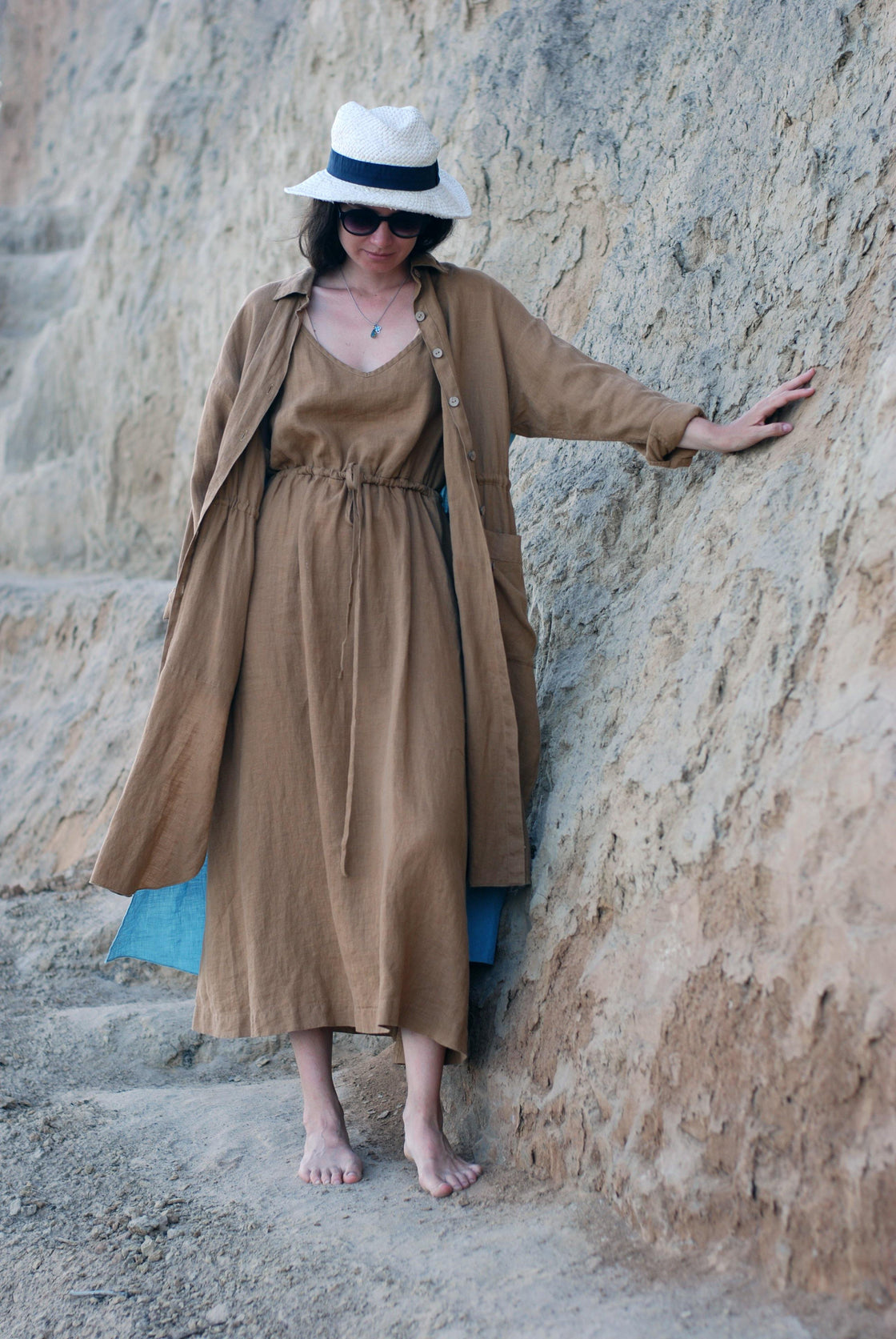 brown linen summer dress tie waist - Manufacture de Lin