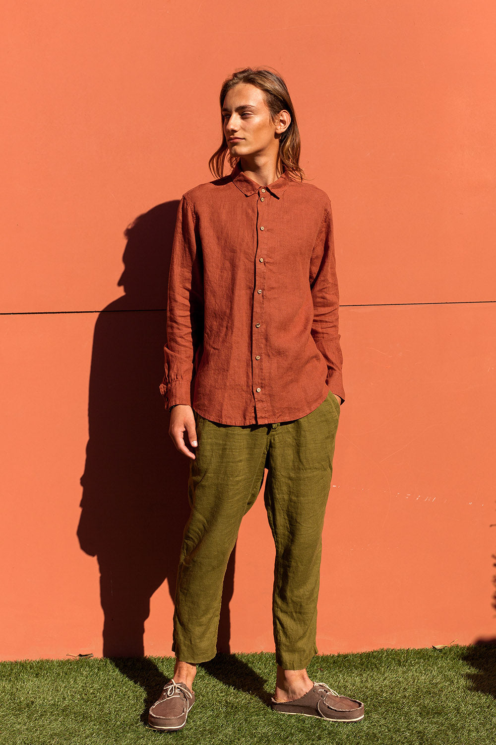 men's red linen shirt