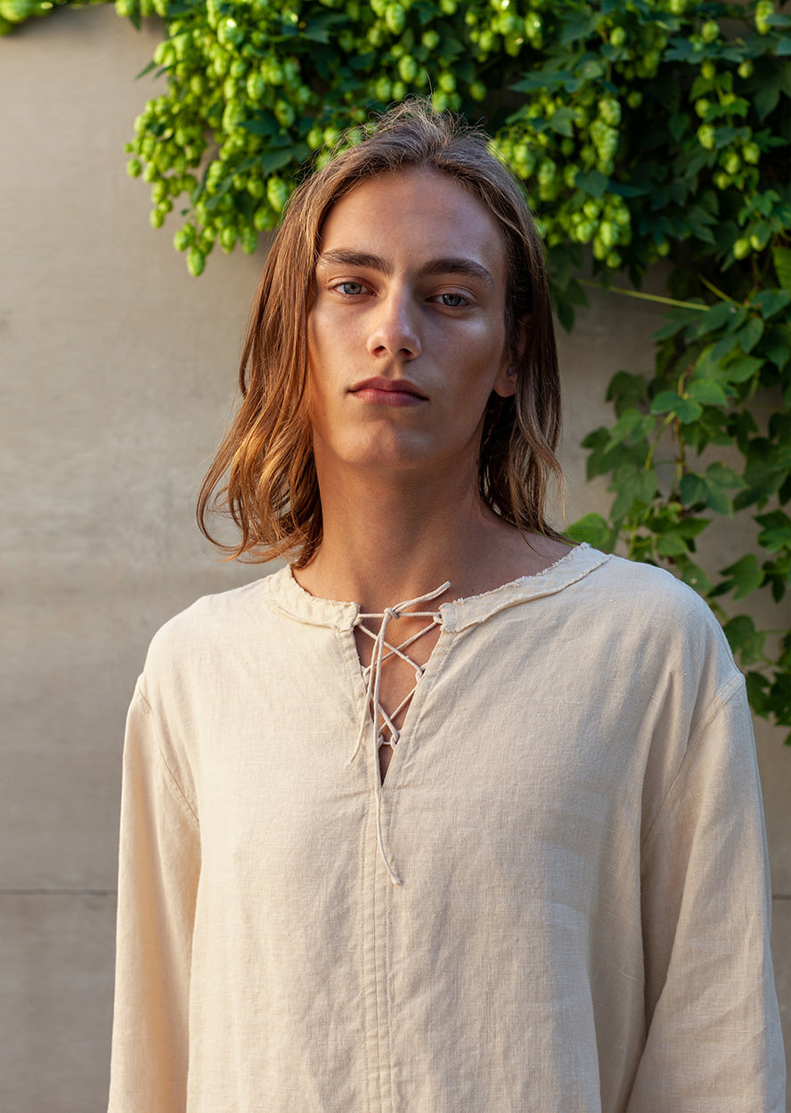 Beige linen tunic shirt mens