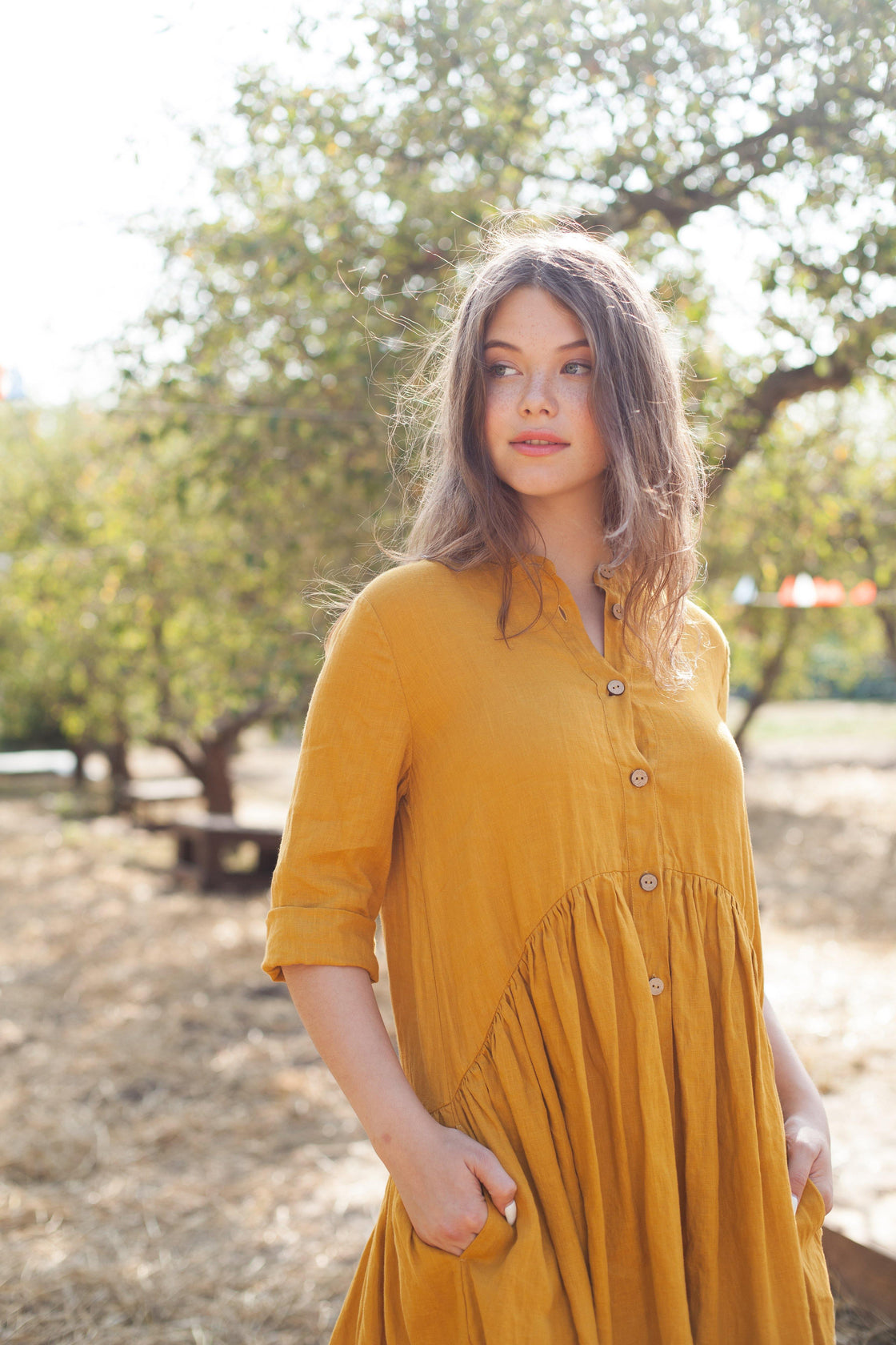 Linen dress with buttons and stand collar DELILIA - Manufacture de Lin