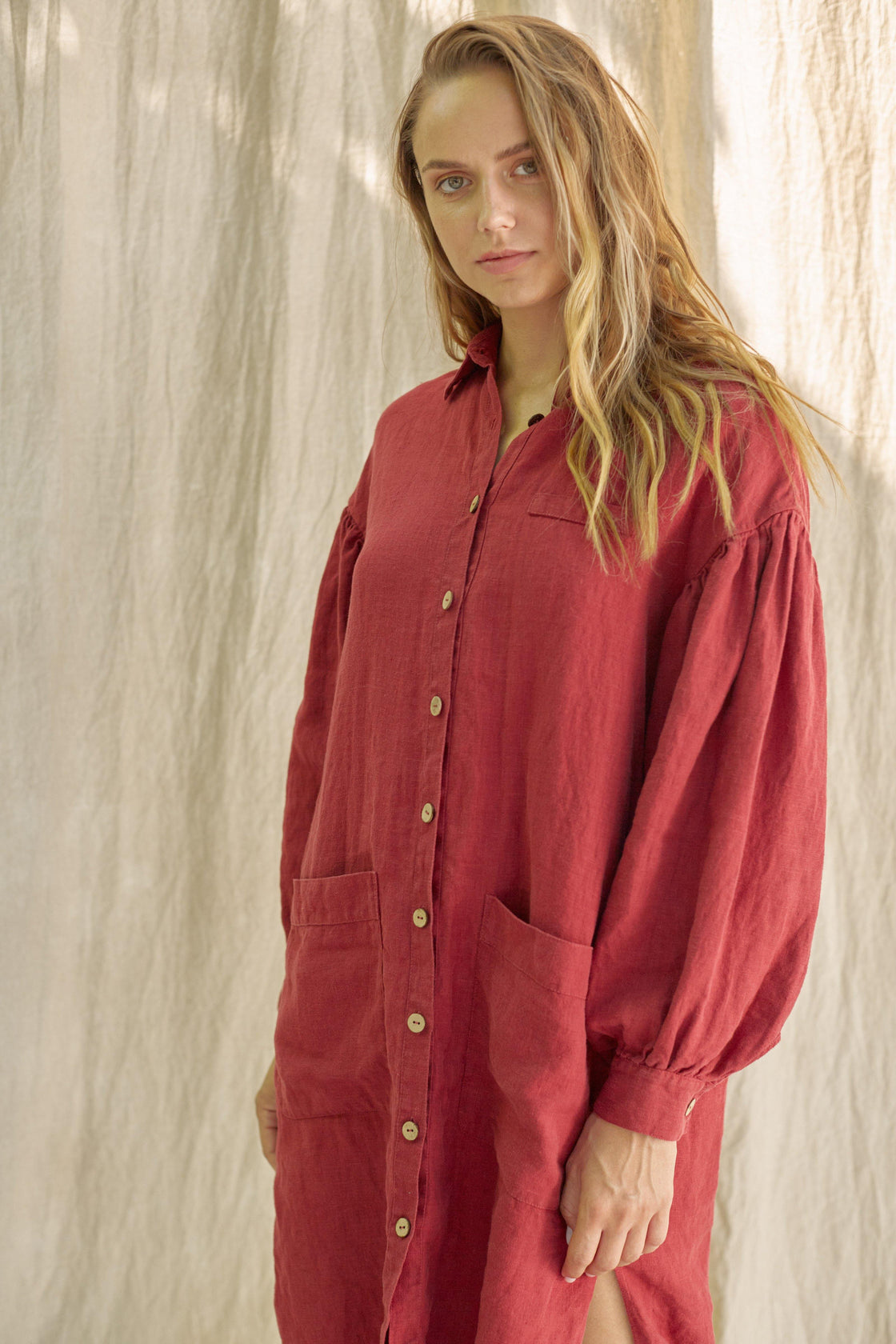 full sleeves linen dress with buttons - Manufacture de Lin