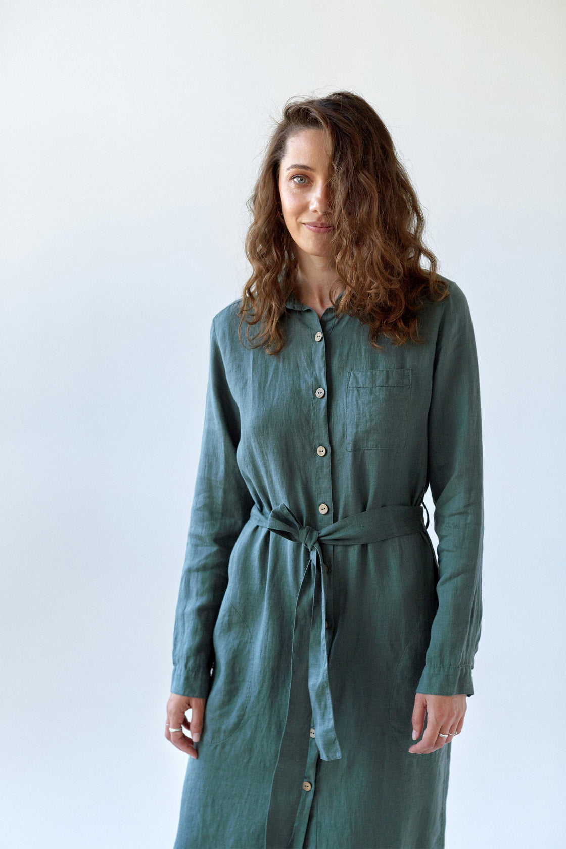 Dark green linen shirt dress