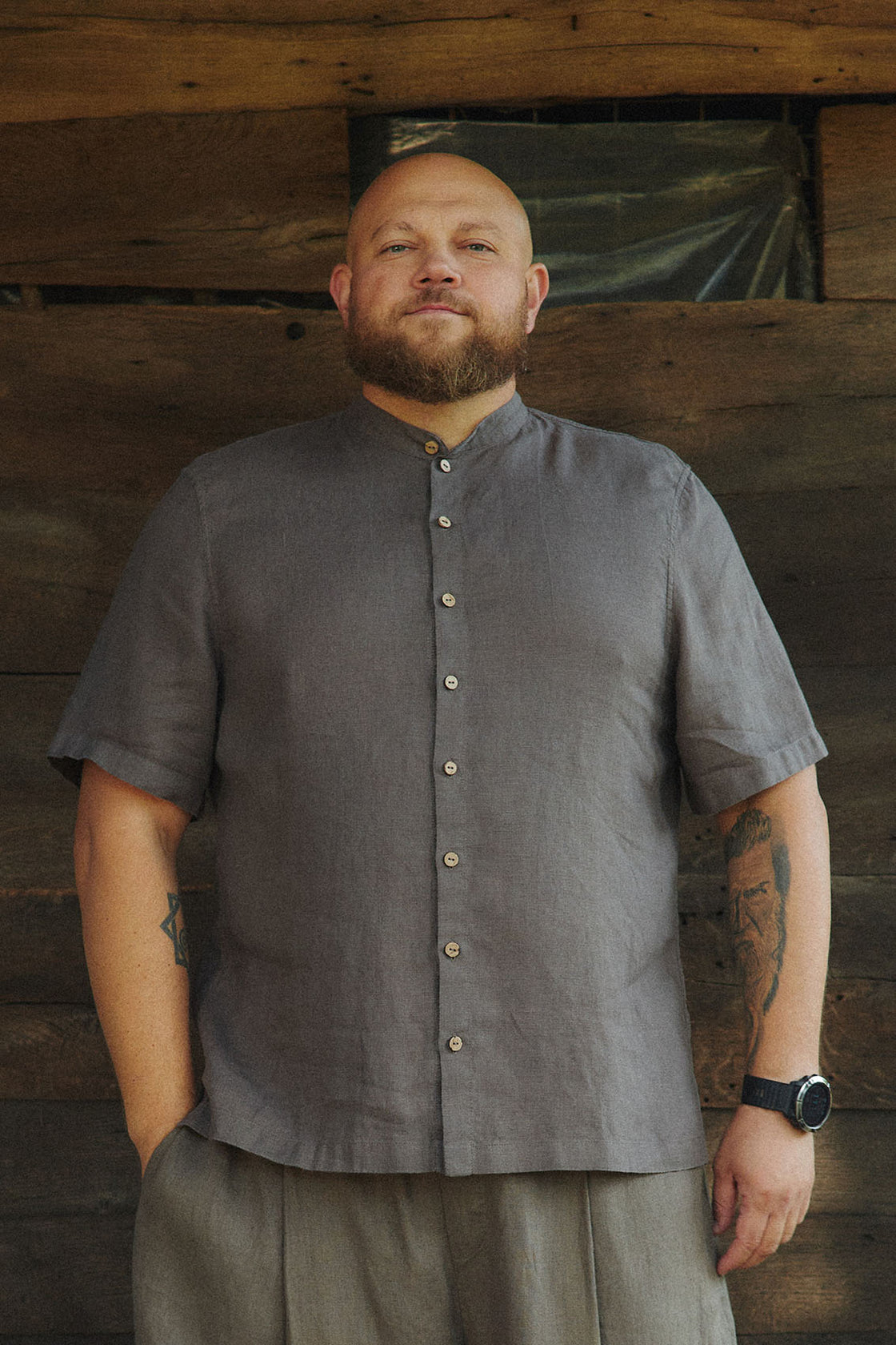 Band collar mens linen shirt short sleeve