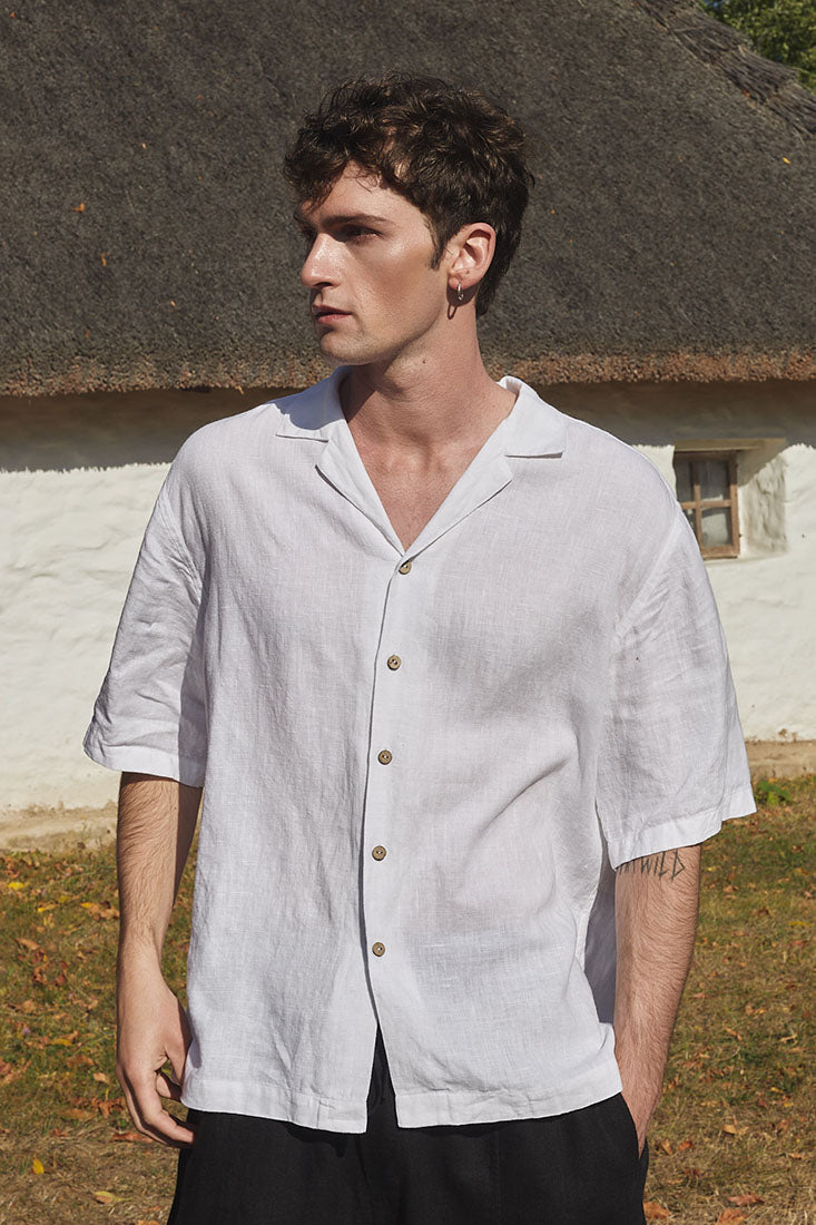 Camp collar white linen shirt mens