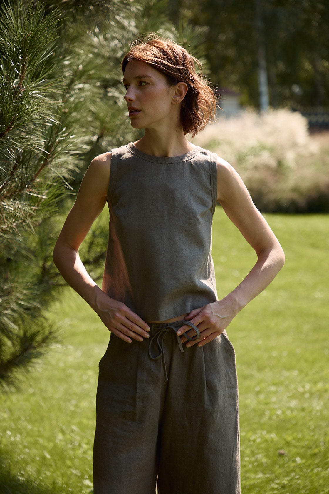 sleeveless linen top wide shoulder straps women