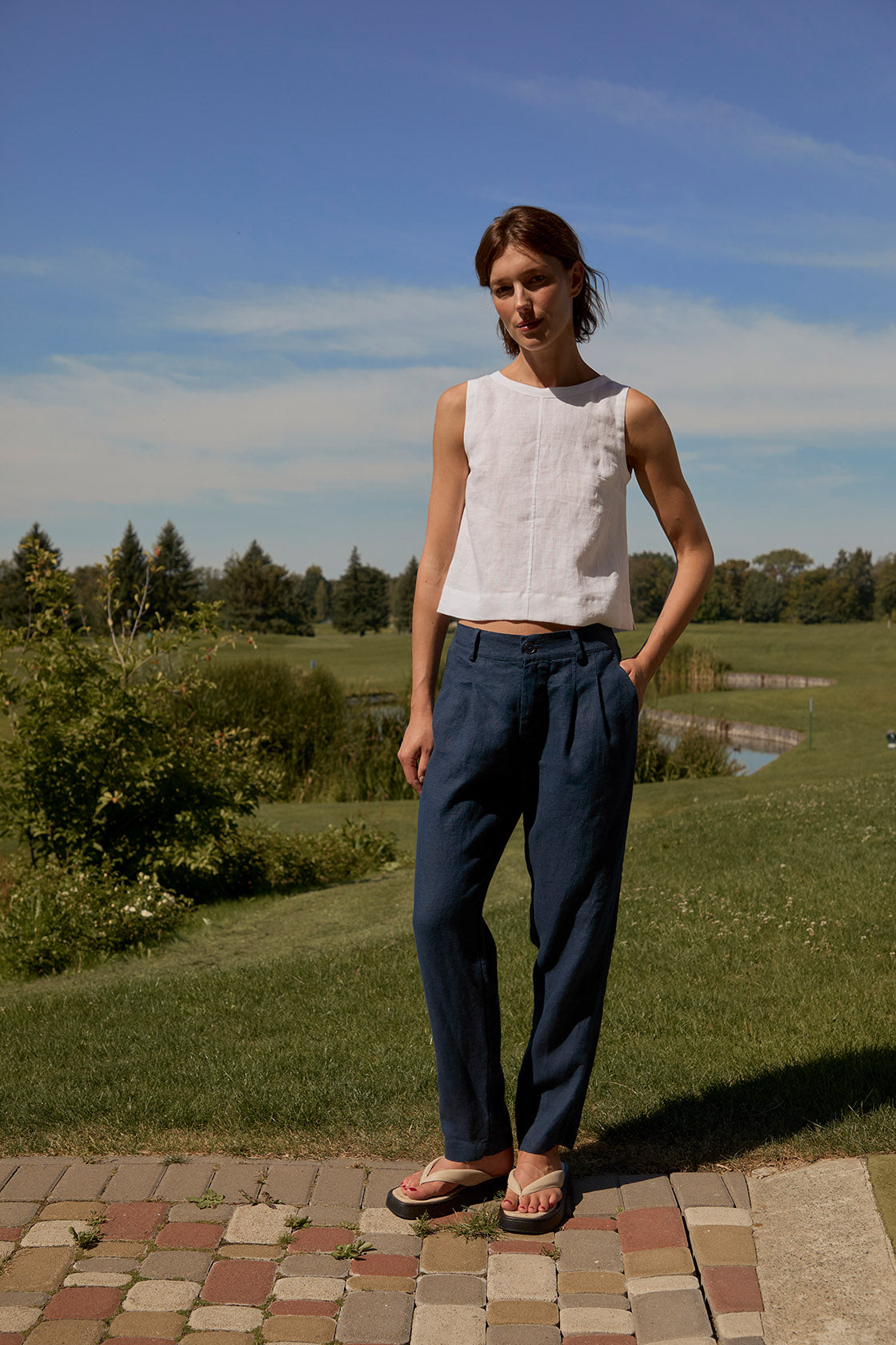 Women’s Pleated Linen Pants Business Casual Zipper YKK