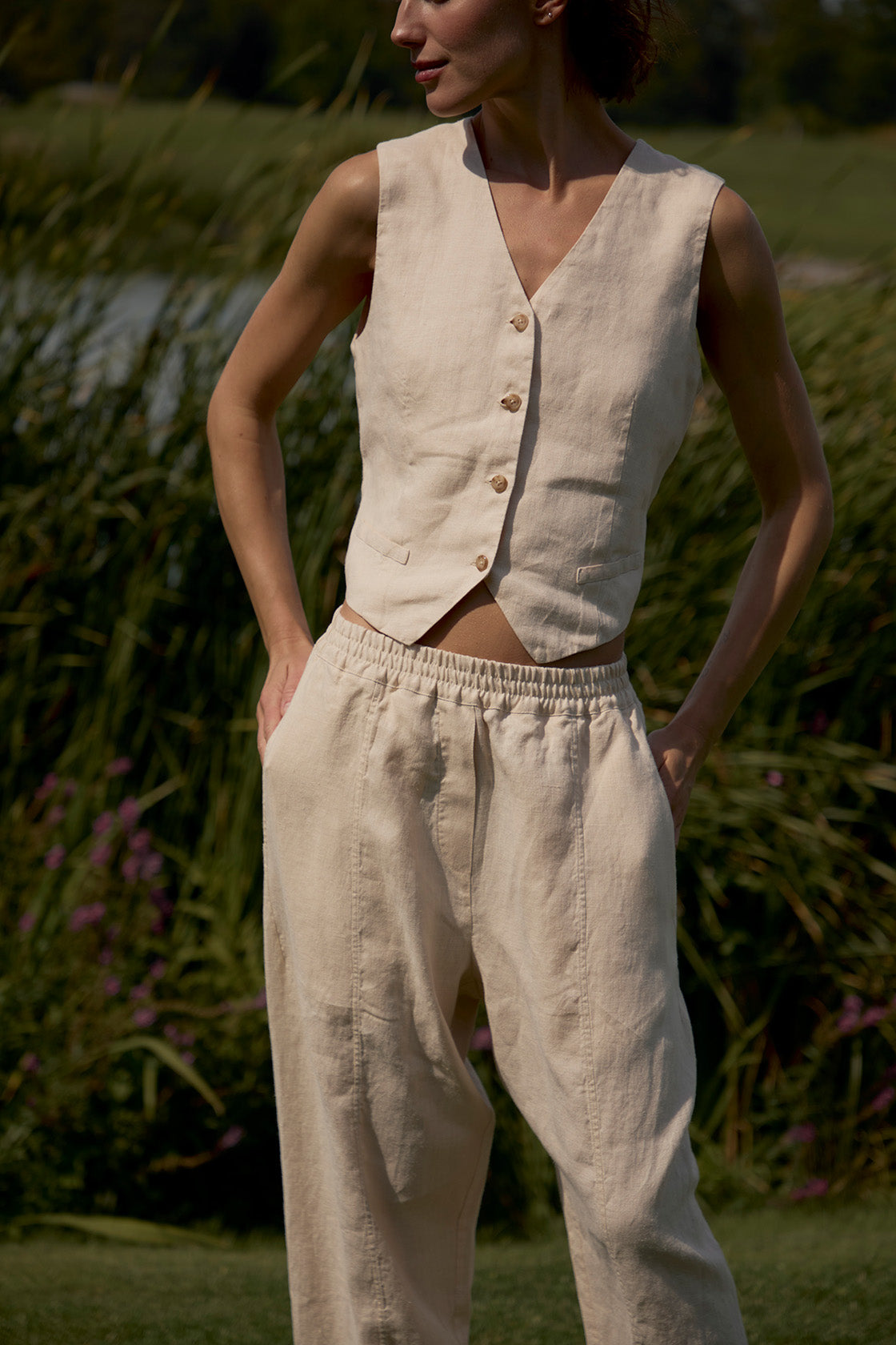 Crop linen vest womens