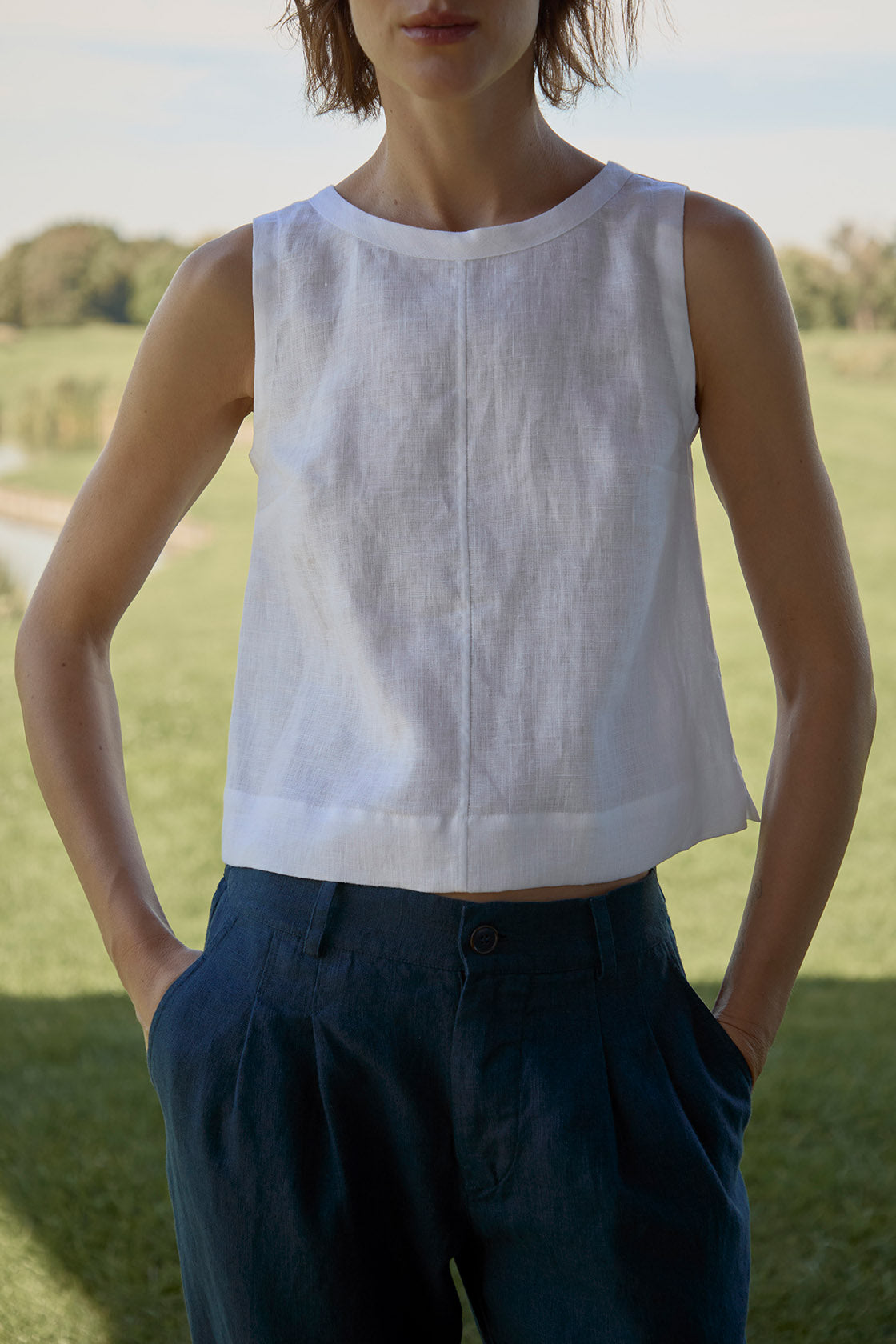 linen crop top wide straps women's