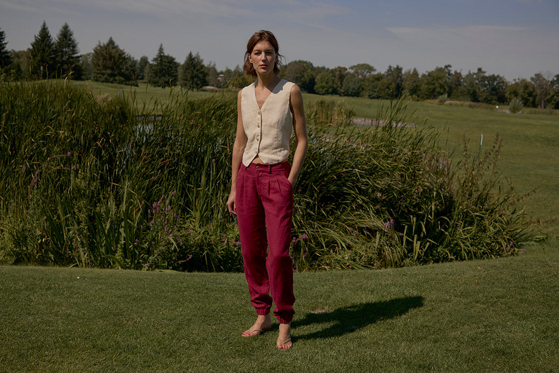 Womens Pleated Linen Joggers