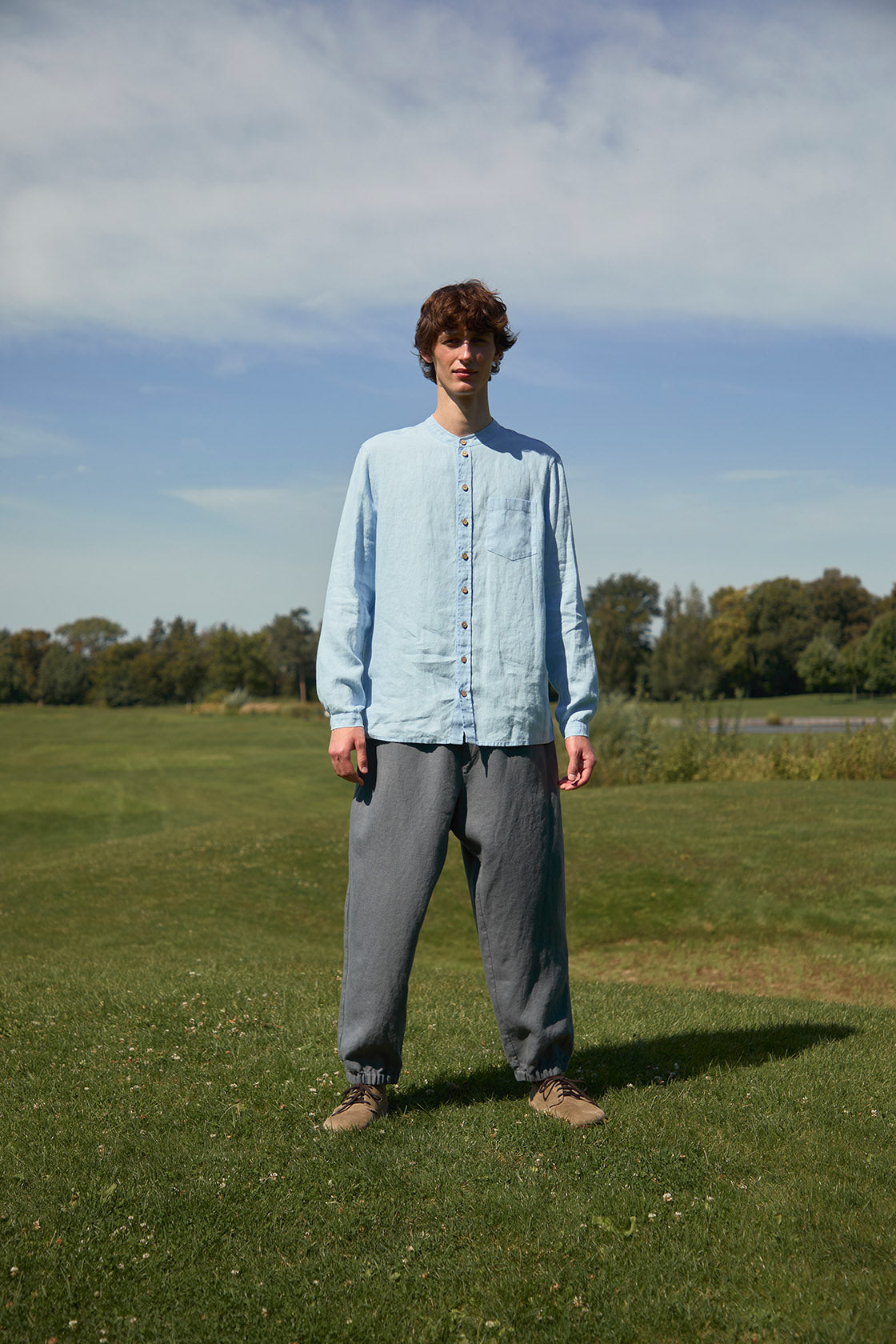 classic tailored linen shirt with a banded collar