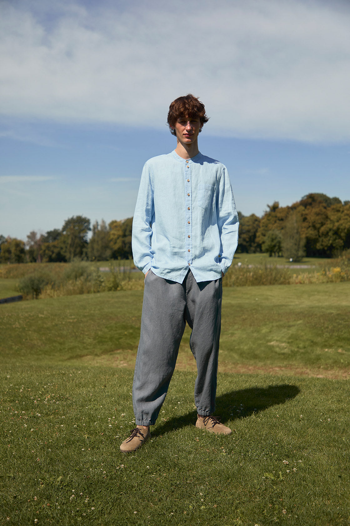 classic 100% linen shirt band collar