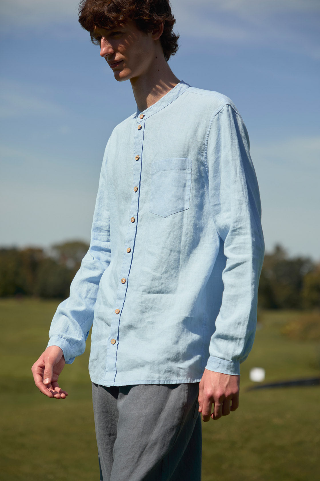 flax linen shirt with a banded collar