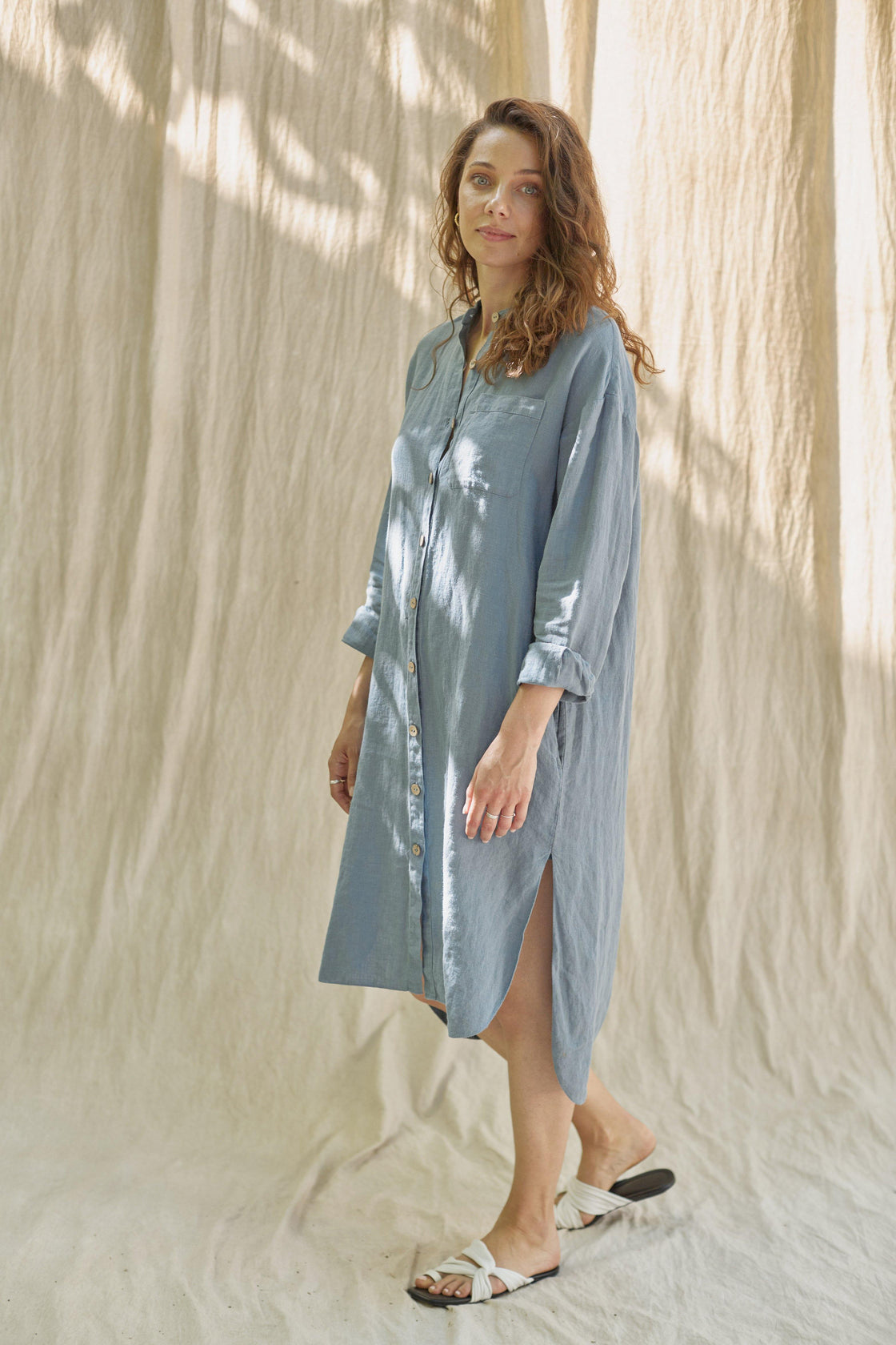 light blue linen shirt dress - Manufacture de Lin
