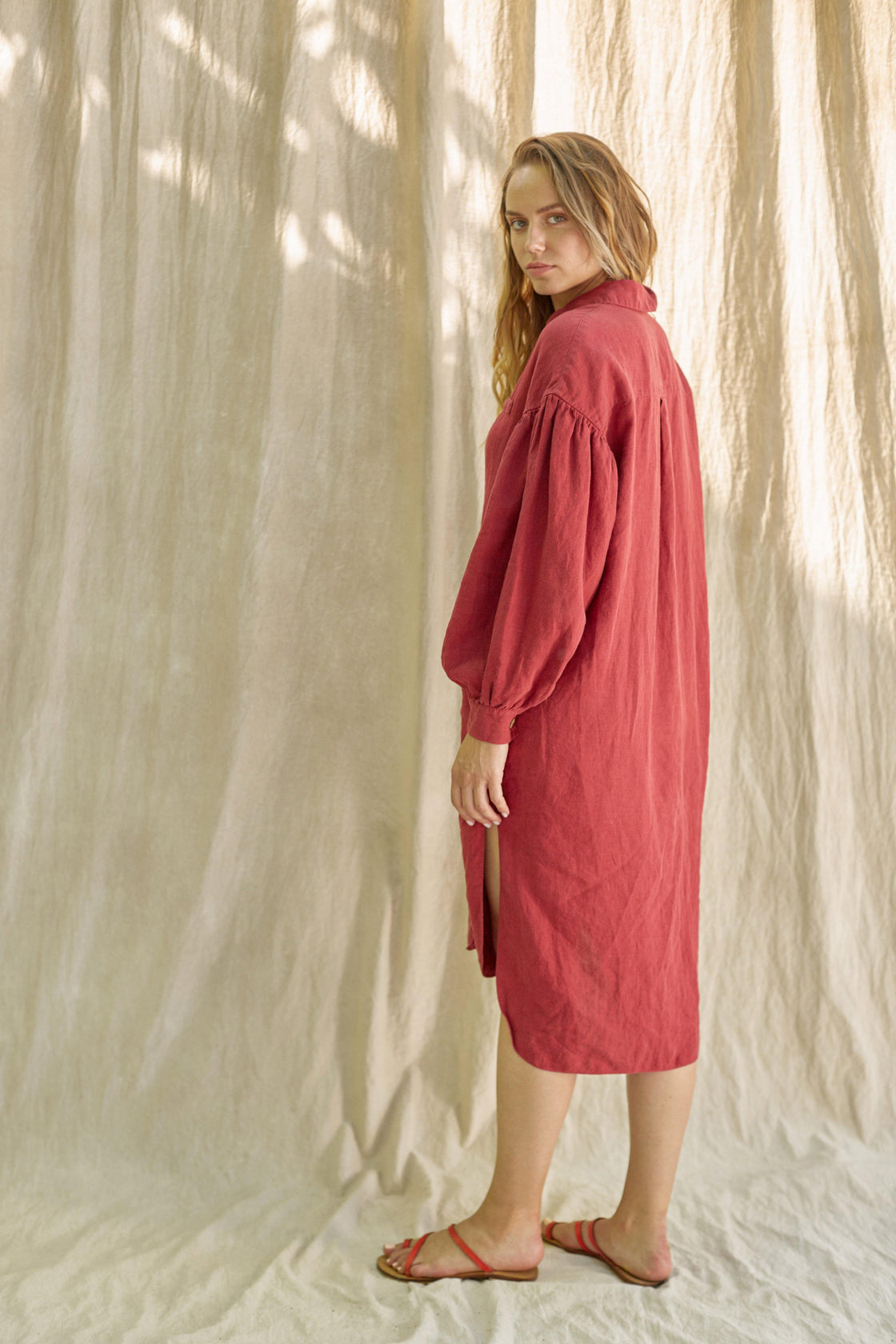 puff sleeve linen shirt dress with belt BEGONIA - Manufacture de Lin