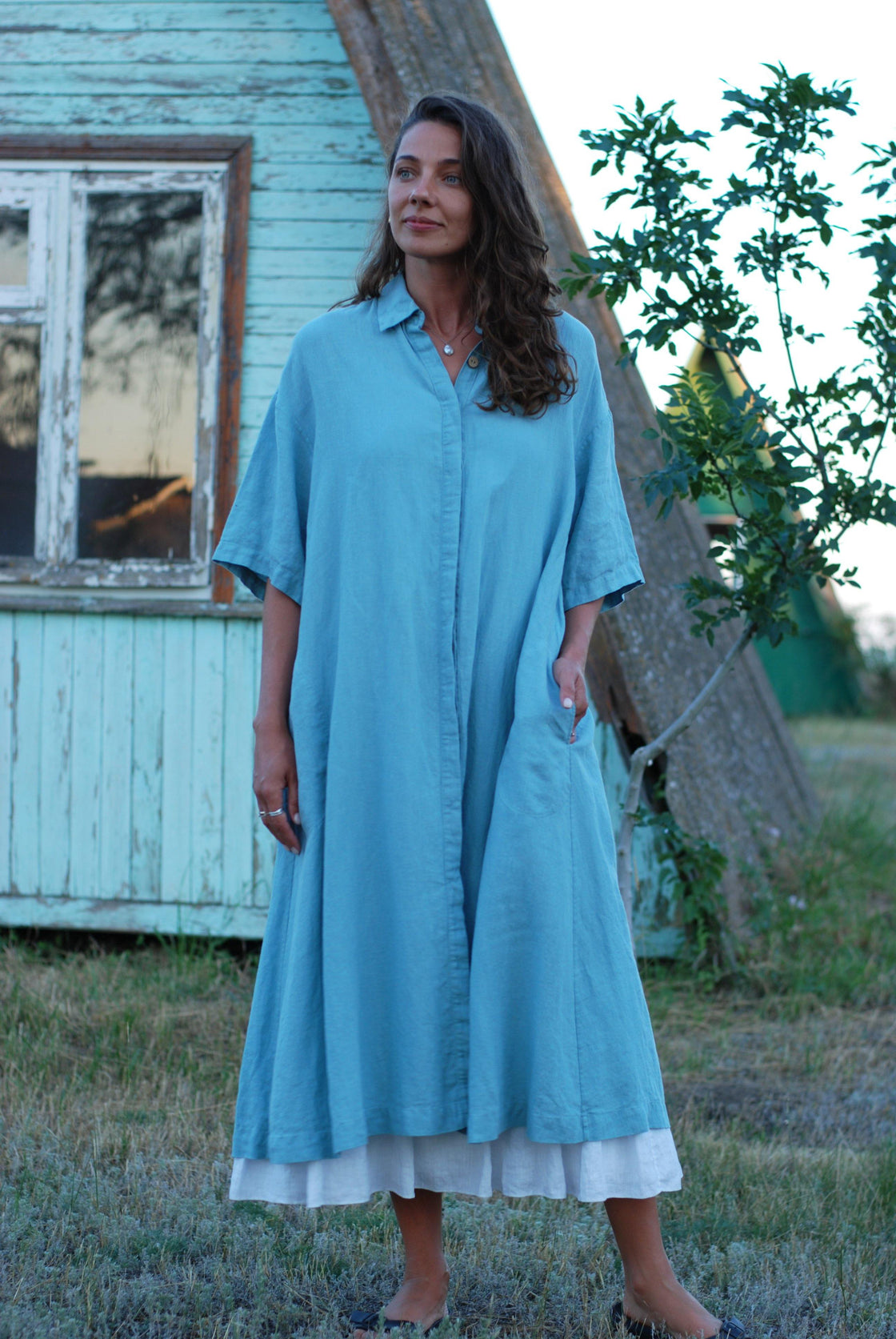 Half sleeve blue linen dress BOLTONIA - Manufacture de Lin