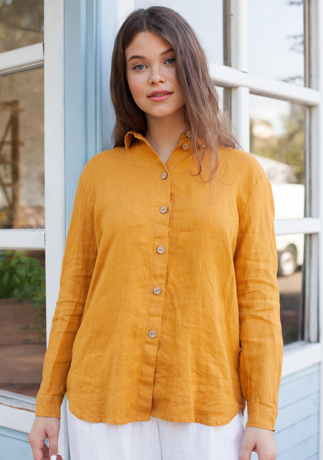 Long sleeve yellow linen shirt for women  - Manufacture de Lin
