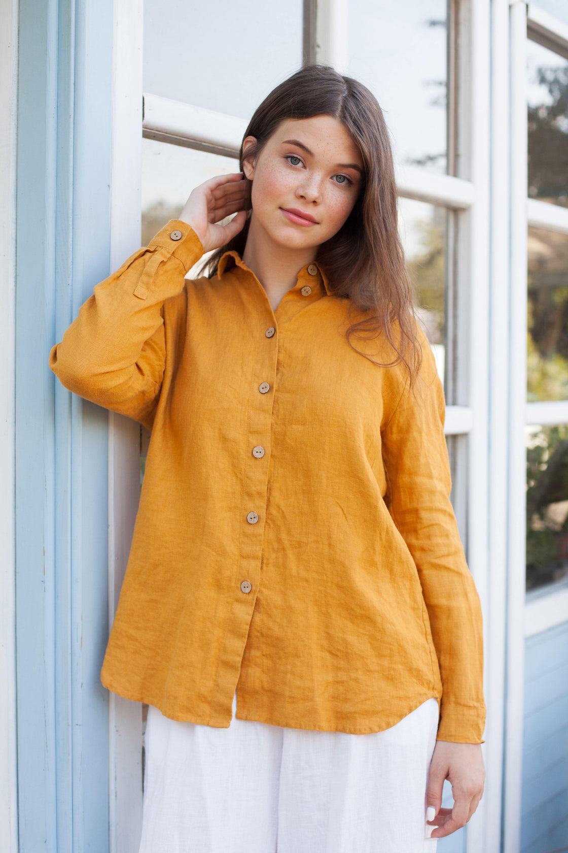 womens yellow loose linen shirt HOYA - Manufacture de Lin