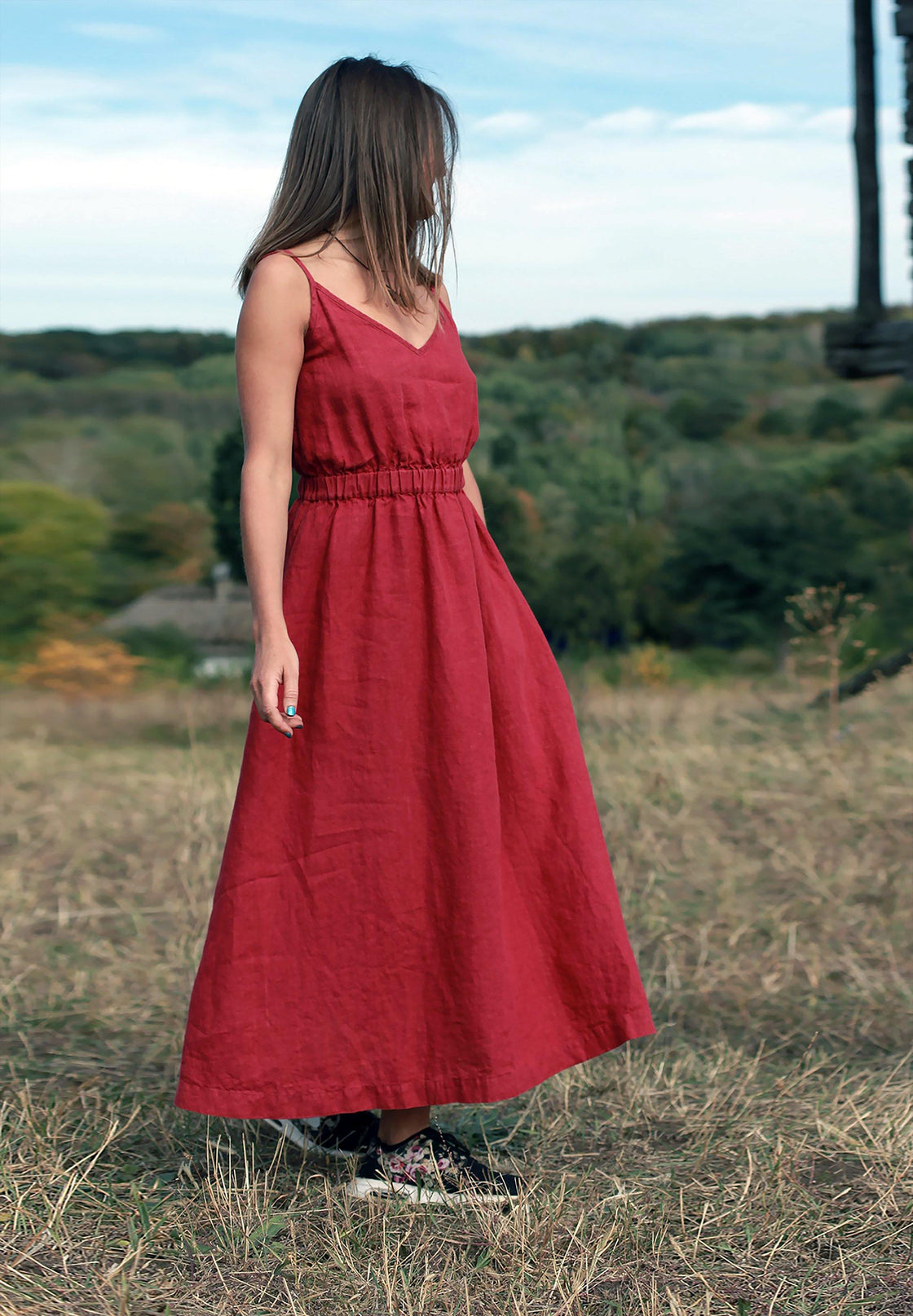 red linen sundress elastic waist - Manufacture de Lin