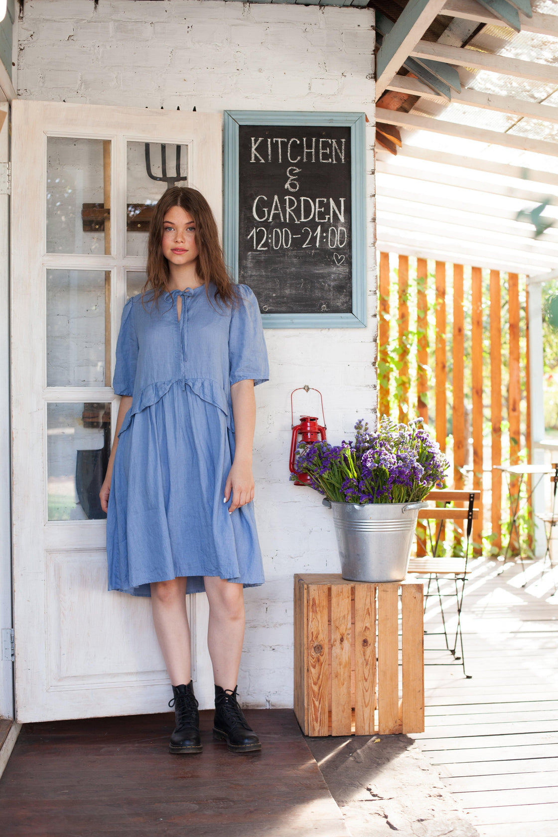 half sleeve blue linen dress - Manufacture de Lin