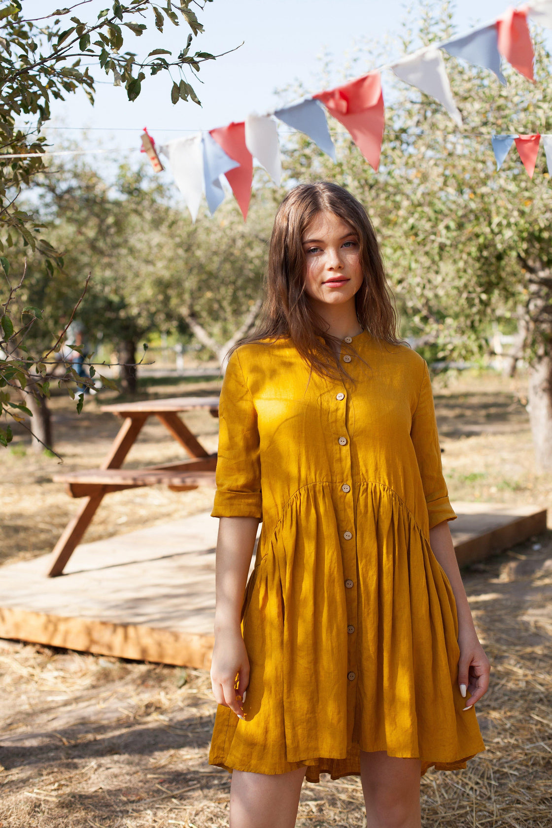 Short Yellow Linen Button Dress with Stand Collar DELILIA - Manufacture de Lin
