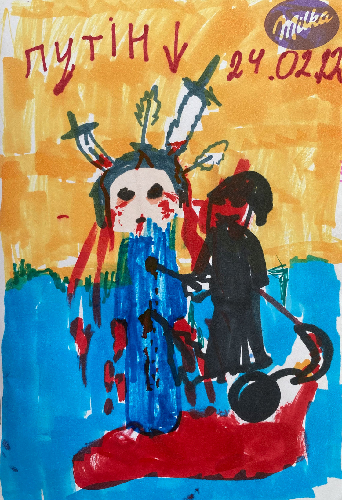 One little man made the whole world cry - Child's drawing done whilst hiding in a bomb shelter in Kyiv