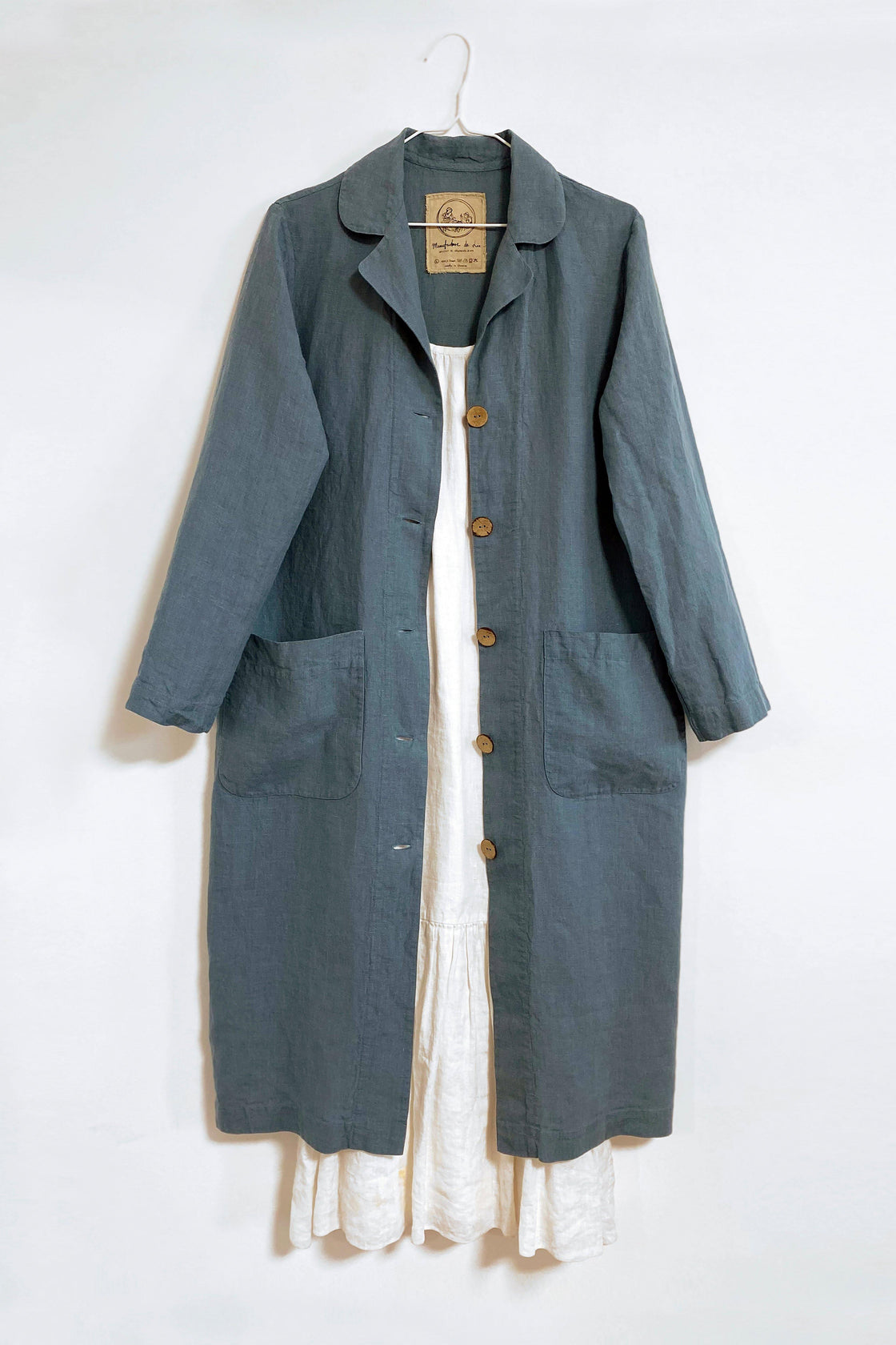 Women's dusty blue linen duster coat - Manufacture de Lin